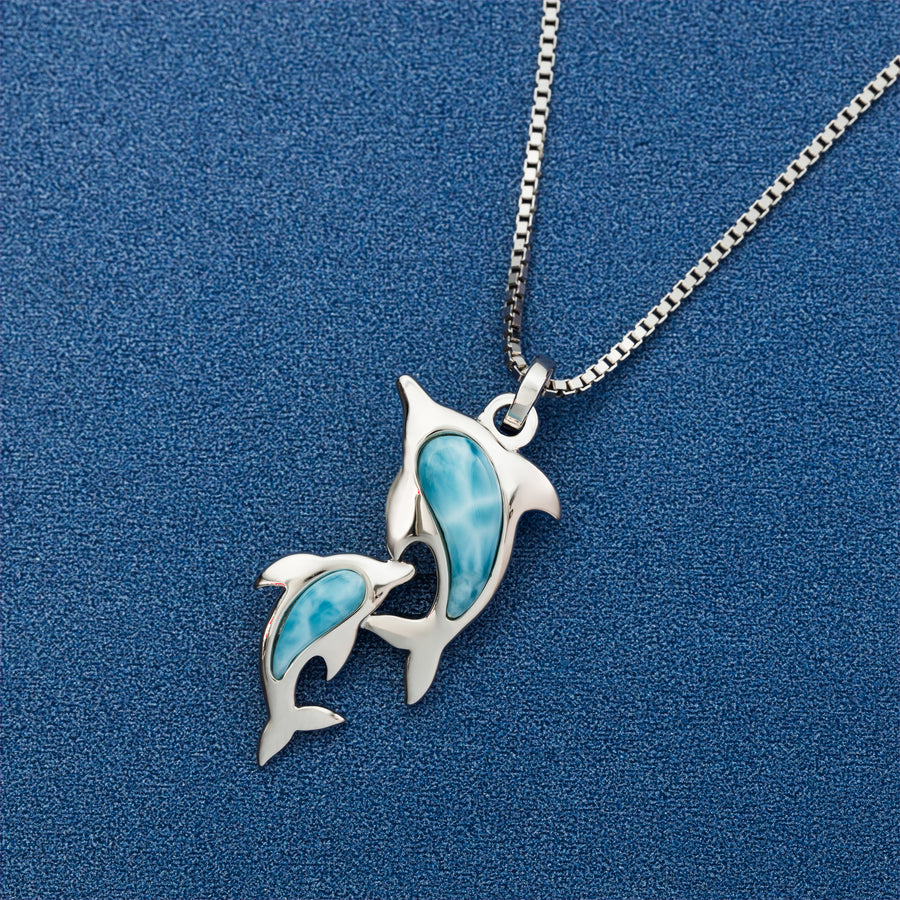 Sterling Silver Natural Larimar Mother and Baby Dolphin Pendant