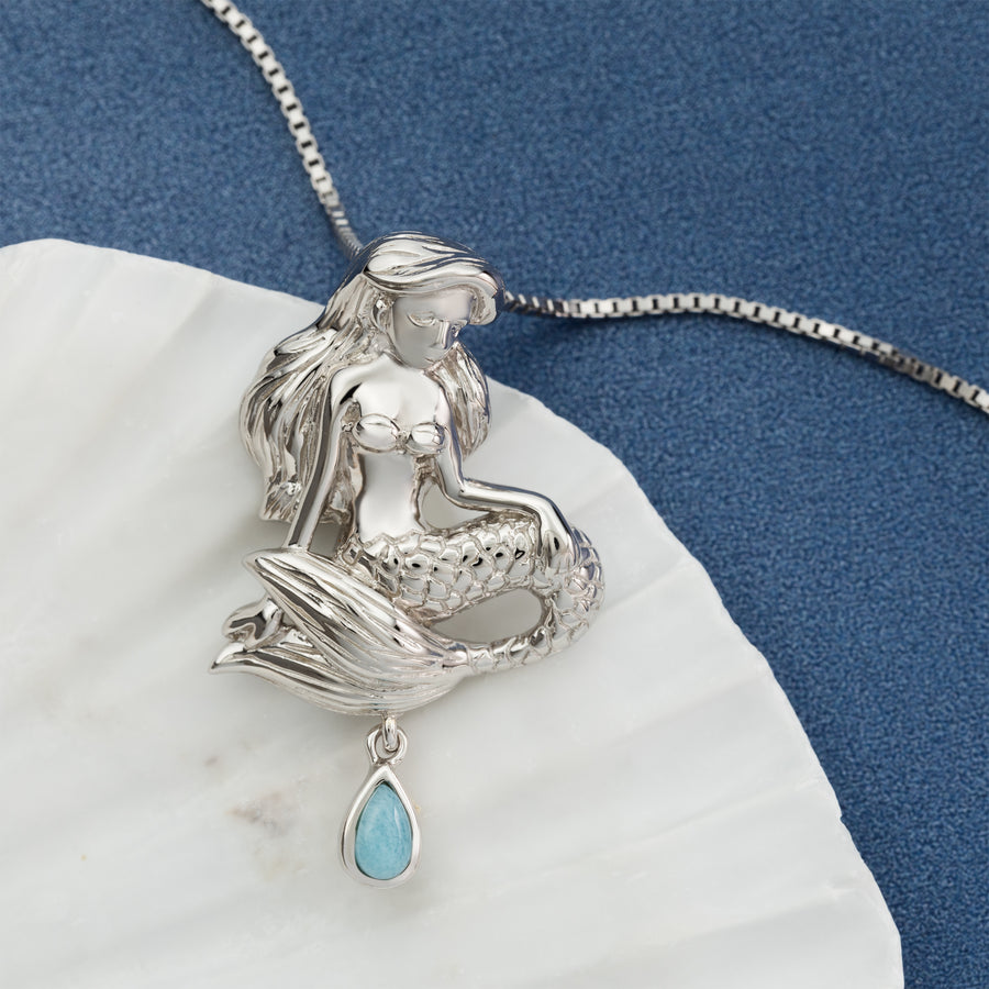 Sterling Silver Natural Larimar Raindrop Mermaid Princess Pendant