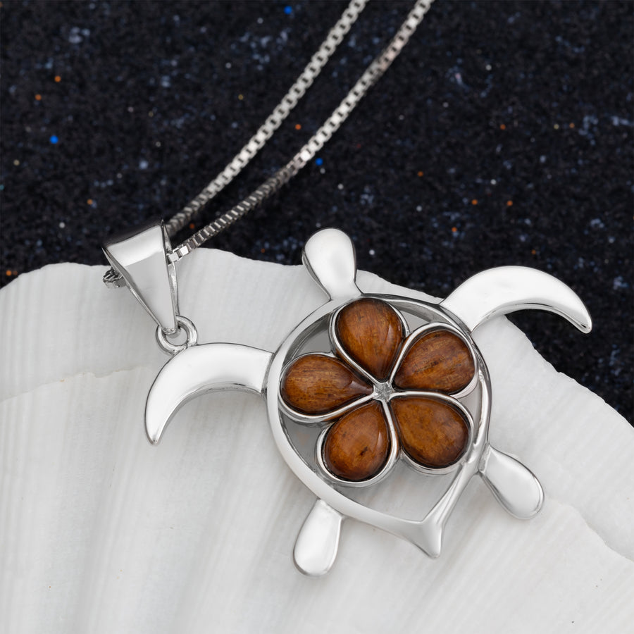 Sterling Silver Natural Koa Wood Turtle with Plumeria Pendant