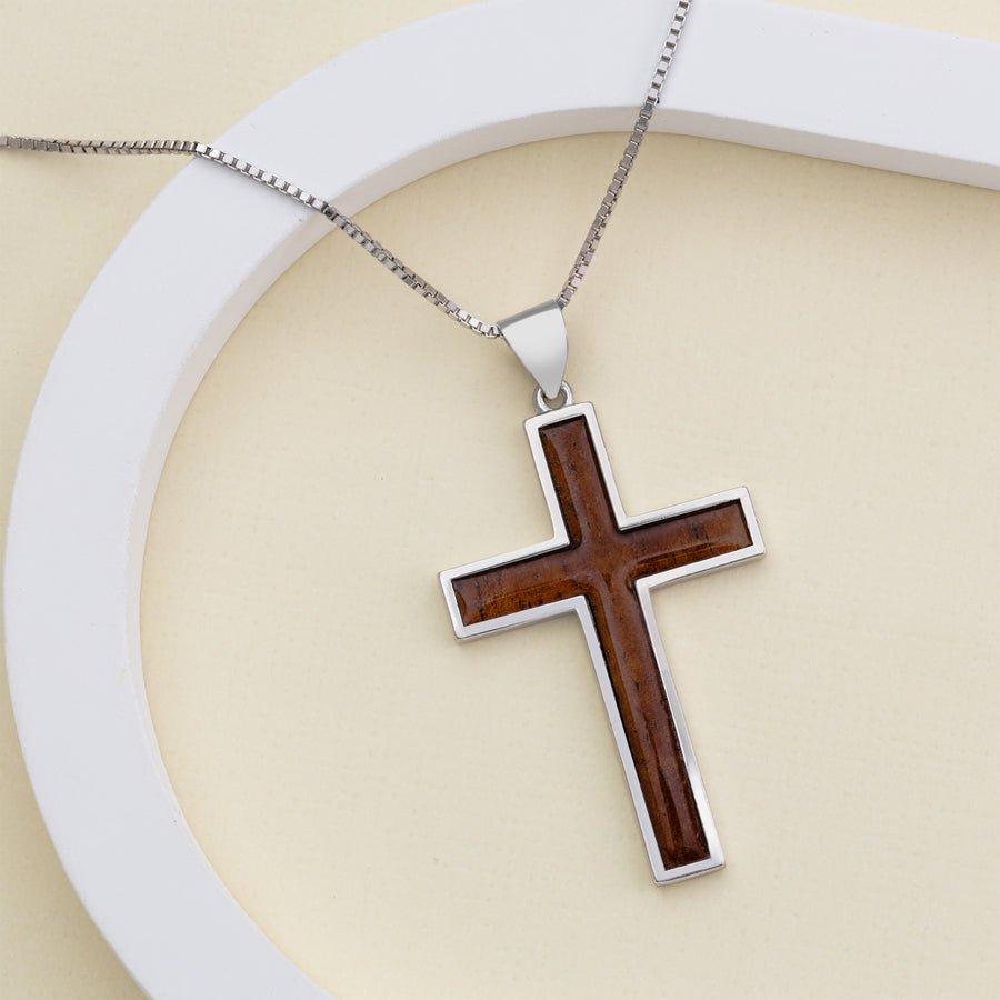 Sterling Silver Koa Wood Traditional Cross Necklace Pendant