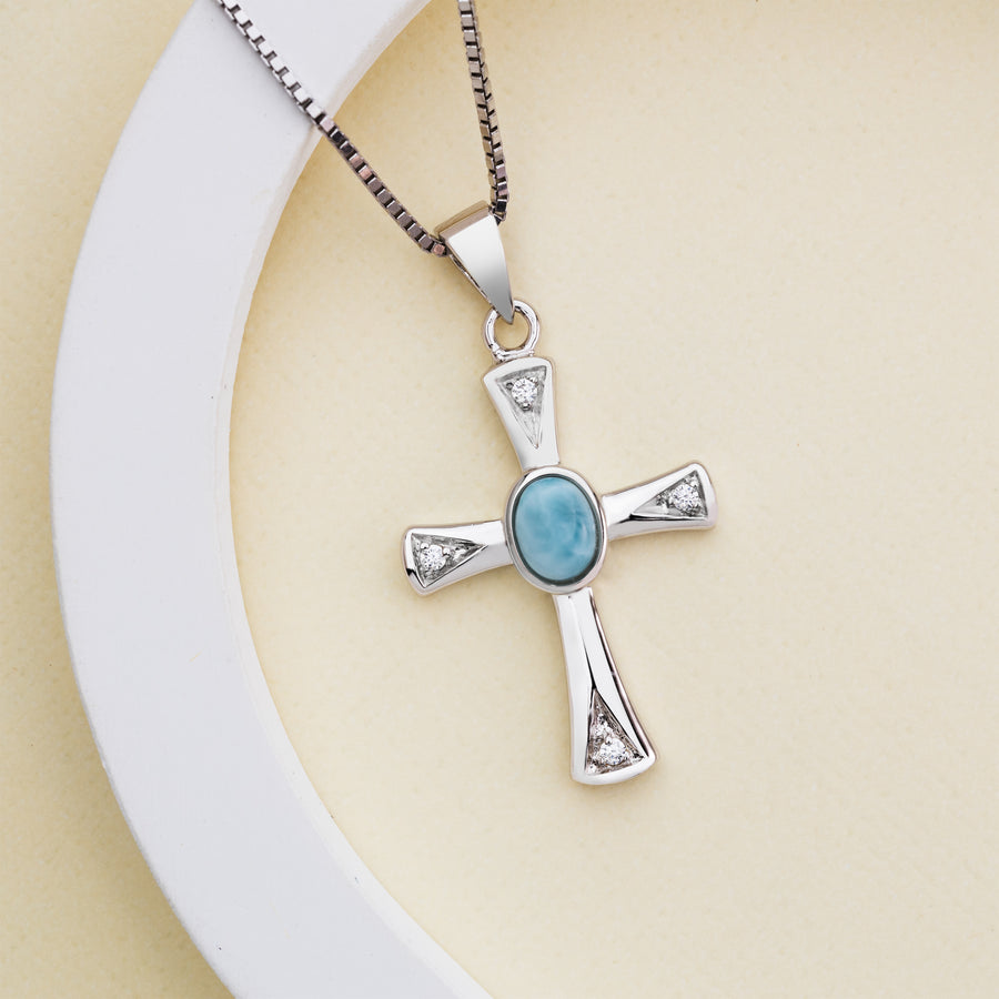 Sterling Silver Natural Larimar Holy Cross Necklace Pendant with Topaz