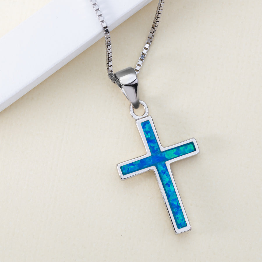 Sterling Silver Opal Traditional Cross Necklace Pendant