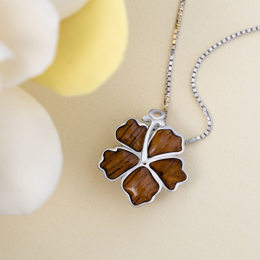 Sterling Silver Koa Wood Hibiscus Flower Pendant