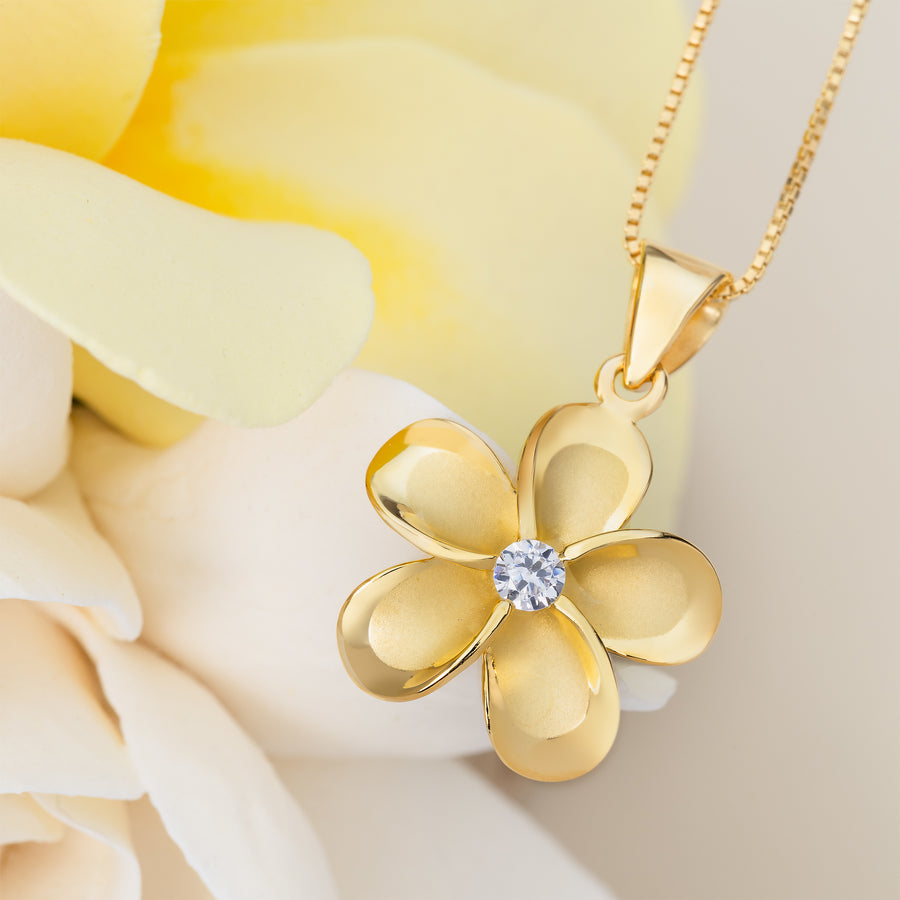 925 Sterling Silver 14K Gold Plated Plumeria Pendant with Cubic Zirconia (Yellow-Gold)