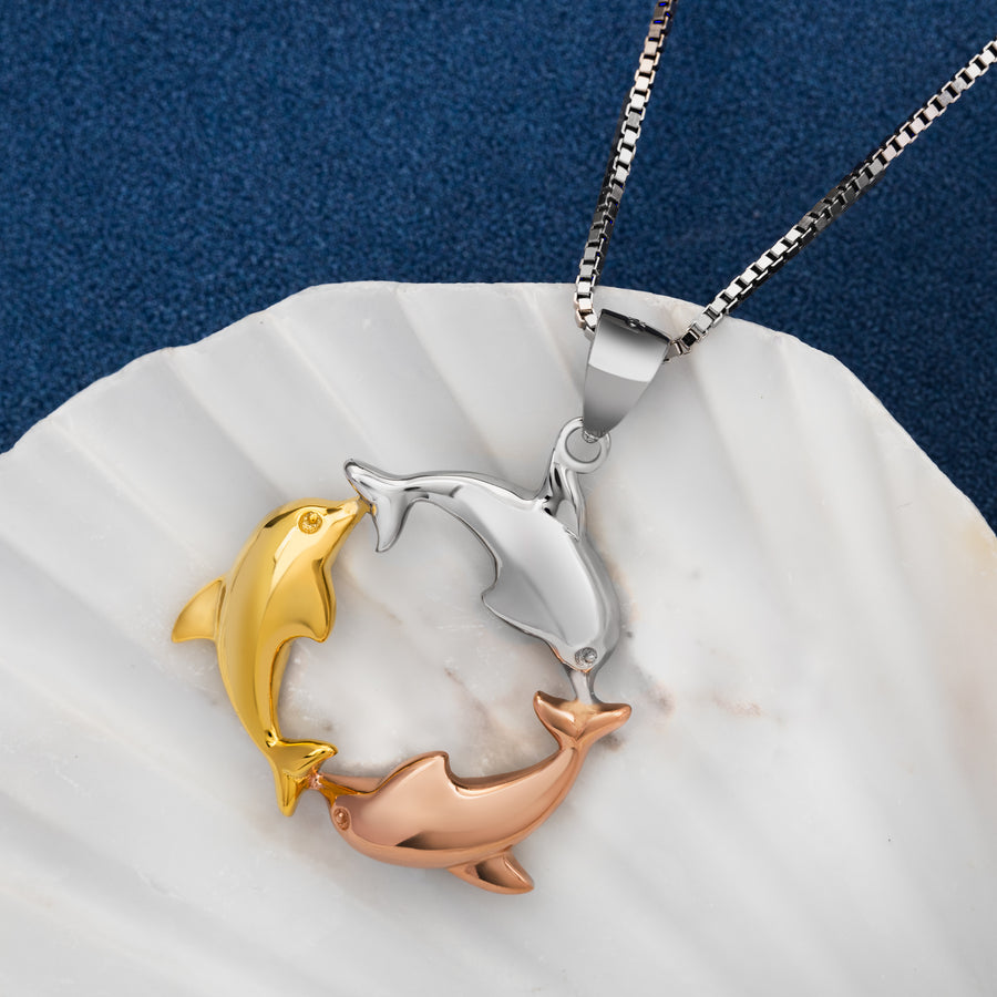 925 Sterling Silver 14K Gold Plated Tri-Color Three Dolphin Circle of Life Necklace Pendant