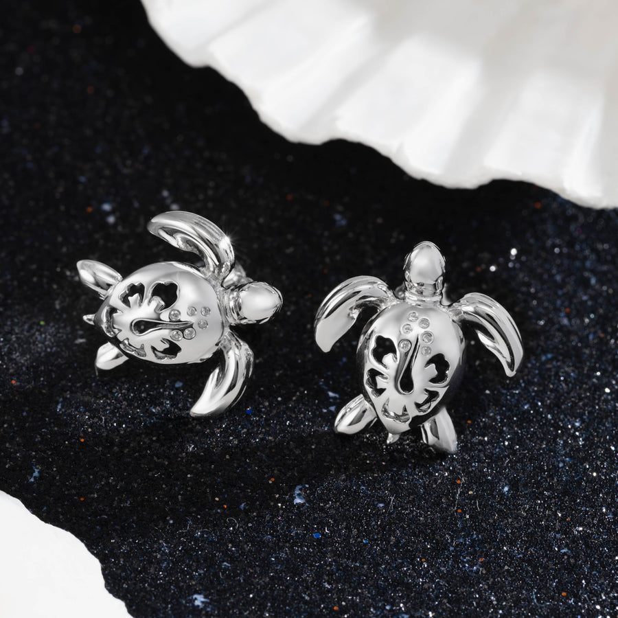 925 Sterling Silver Turtle with Cubic Zirconia and Hibiscus Stud Earrings