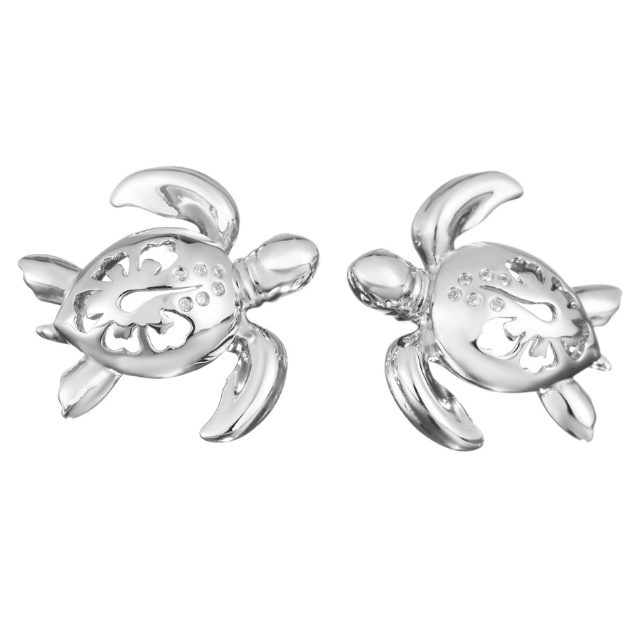 925 Sterling Silver Turtle with Cubic Zirconia and Hibiscus Stud Earrings