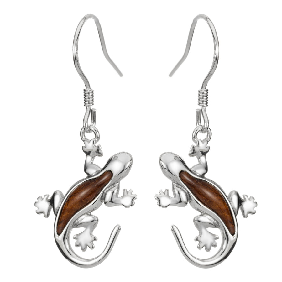 Sterling Silver Koa Wood Lizard Gecko Hook Earrings