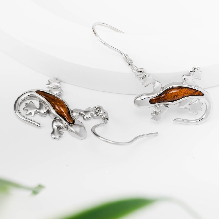 Sterling Silver Koa Wood Lizard Gecko Hook Earrings