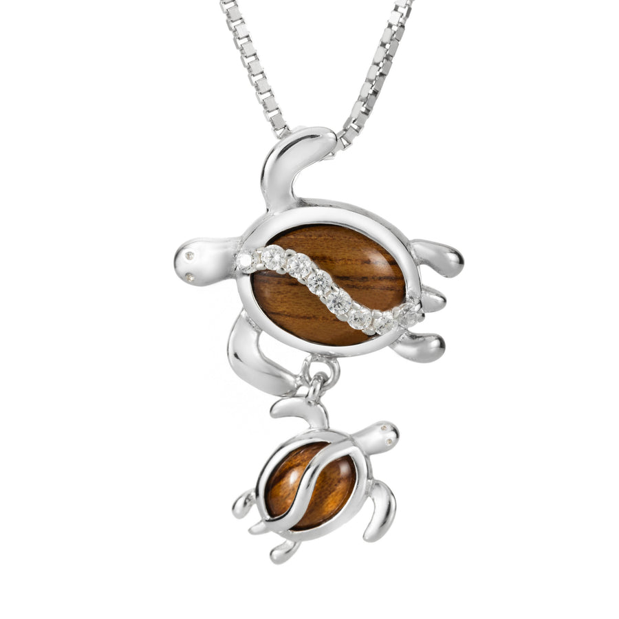 Sterling Silver Koa Wood Mother & Baby Turtle Necklace Pendant with Cubic Zirconia