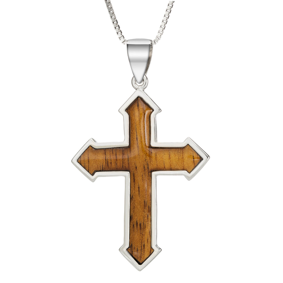 Sterling Silver Koa Wood Pointed Cross Necklace Pendant