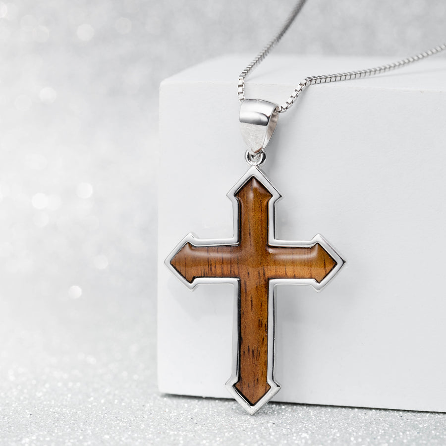 Sterling Silver Koa Wood Pointed Cross Necklace Pendant