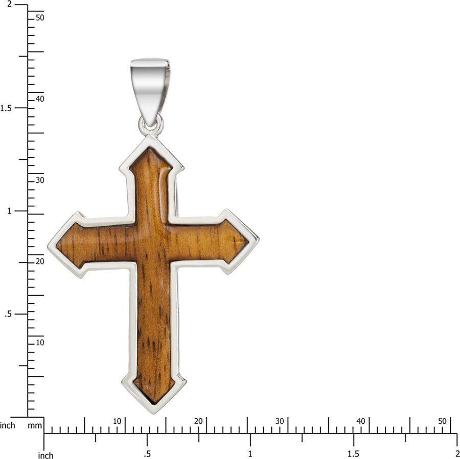 Sterling Silver Koa Wood Pointed Cross Necklace Pendant