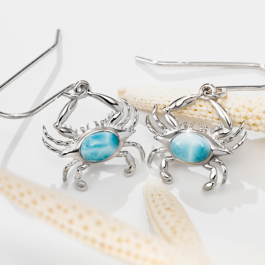 Sterling Silver Natural Larimar Dancing Crab Dangle Earrings