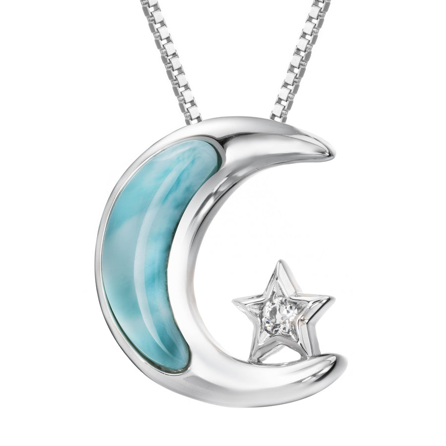 Sterling Silver Larimar Star and Moon Necklace Pendant with Cubic Zirconia