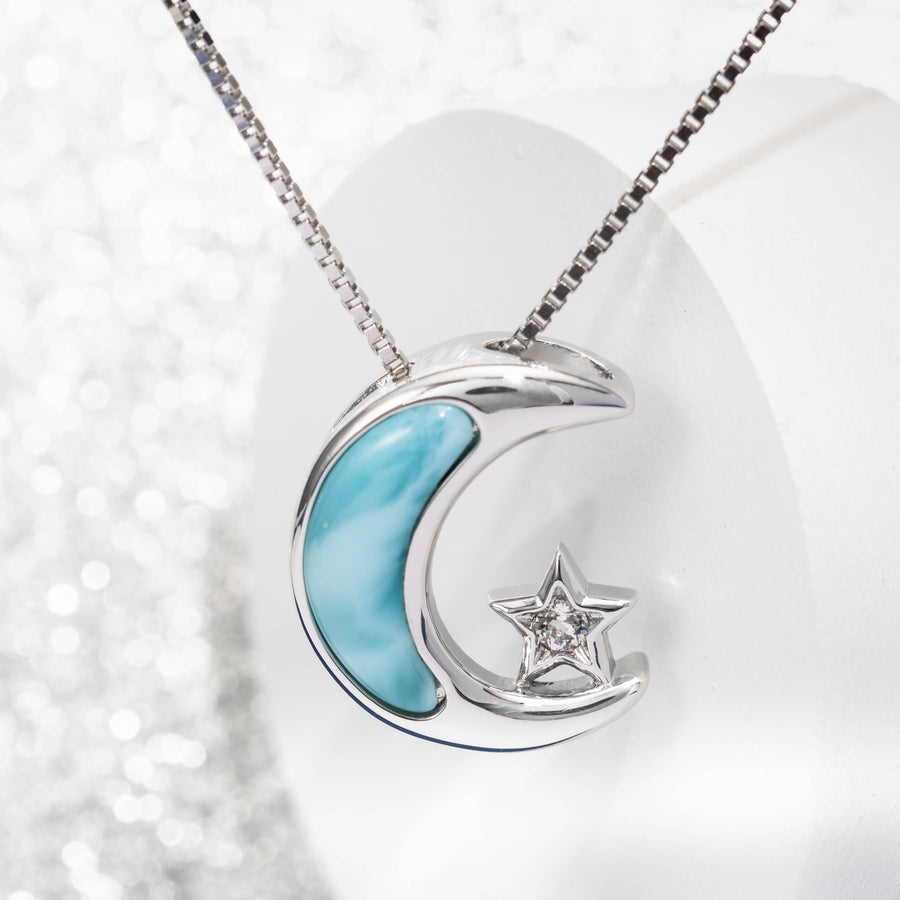 Sterling Silver Larimar Star and Moon Necklace Pendant with Cubic Zirconia