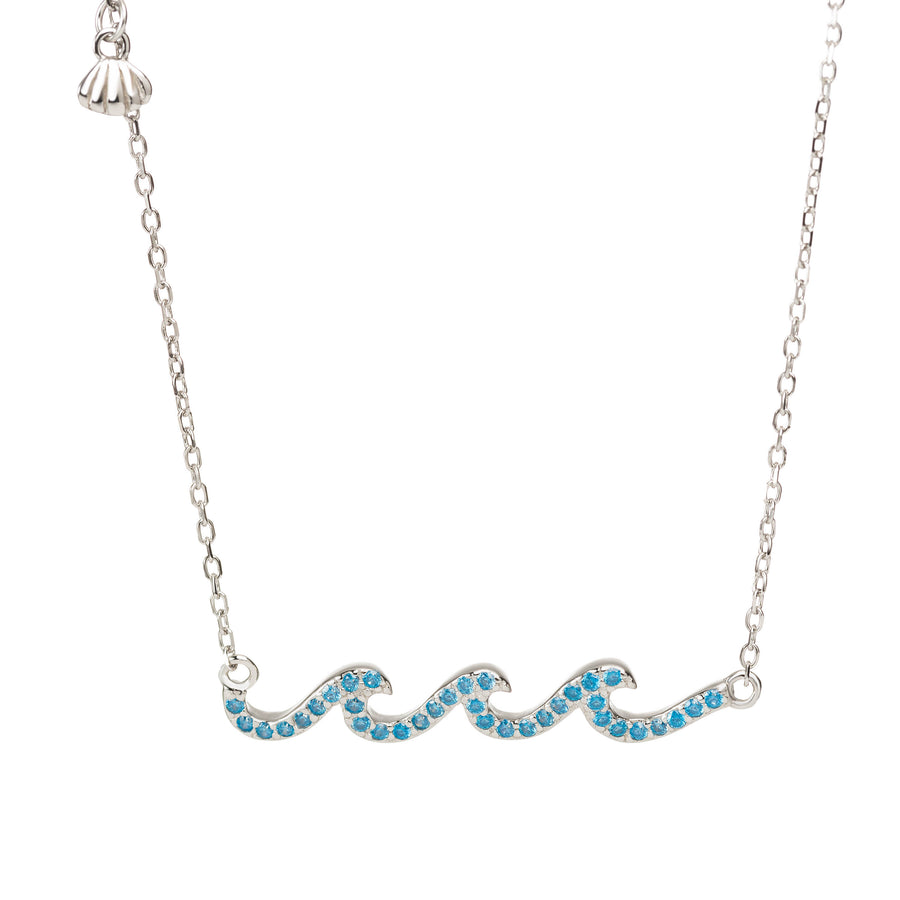 Sterling Silver Blue Three Wave Necklace Pendant with Cubic Zirconia