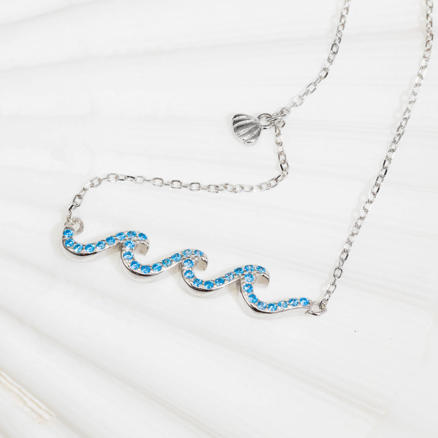 Sterling Silver Blue Three Wave Necklace Pendant with Cubic Zirconia