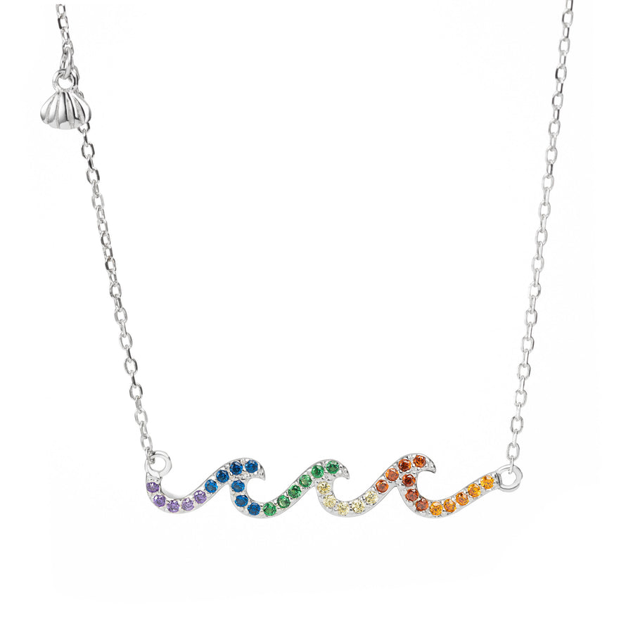 Sterling Silver Rainbow Three Wave Necklace Pendant with Cubic Zirconia