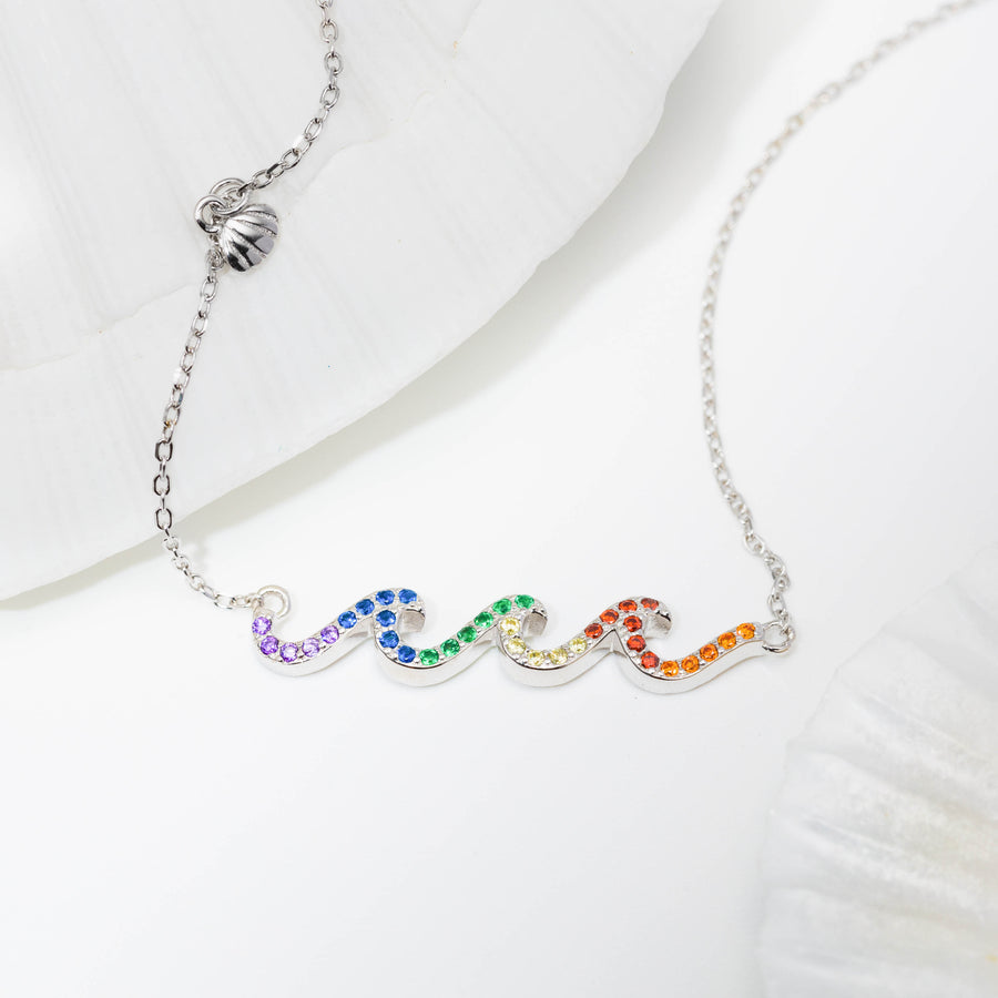 Sterling Silver Rainbow Three Wave Necklace Pendant with Cubic Zirconia