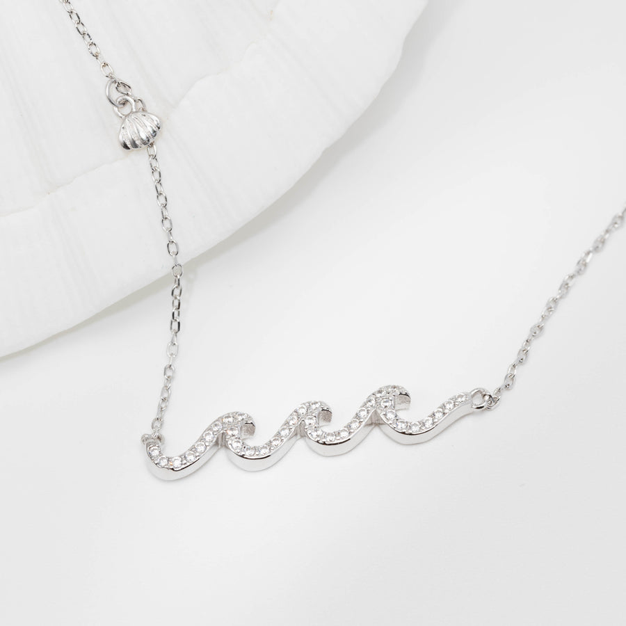 Sterling Silver Three Wave Necklace Pendant with Cubic Zirconia