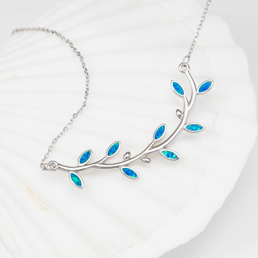 Sterling Silver Opal Olive Branch Maile Leaf Necklace Pendant