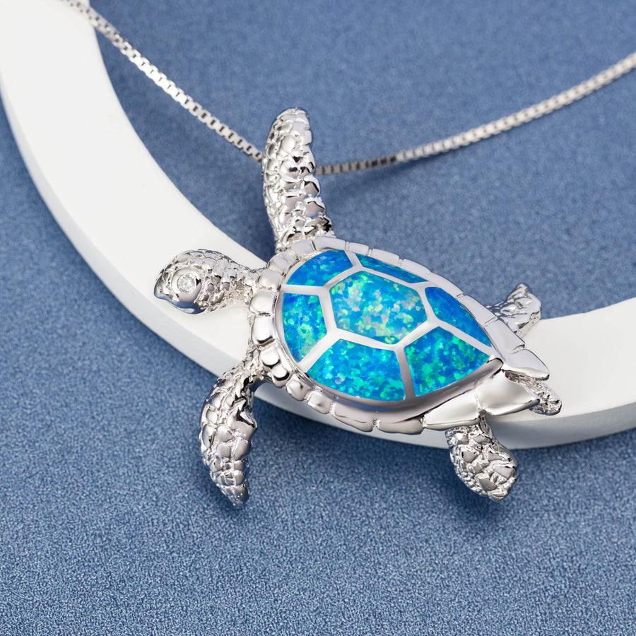 Sterling Silver Blue Opal 3D Turtle Necklace Pendant with Cubic Zirconia