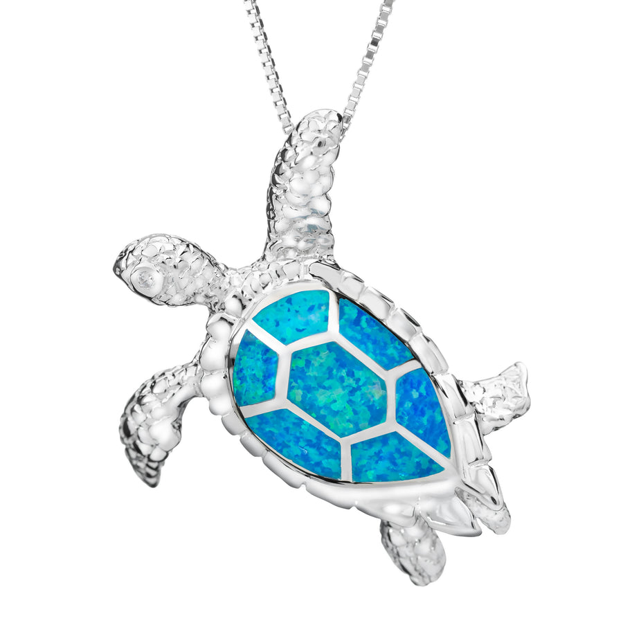 Sterling Silver Blue Opal 3D Turtle Necklace Pendant with Cubic Zirconia