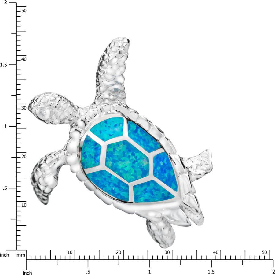 Sterling Silver Blue Opal 3D Turtle Necklace Pendant with Cubic Zirconia