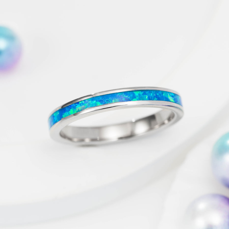 Sterling Silver 3mm Opal Stackable Wedding Ring Eternity Band