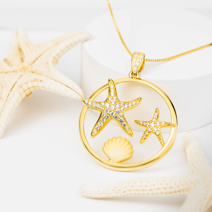 925 Sterling Silver 14K Gold Plated Pave CZ Starfish & Sunrise Shell Pendant (Yellow-Gold)