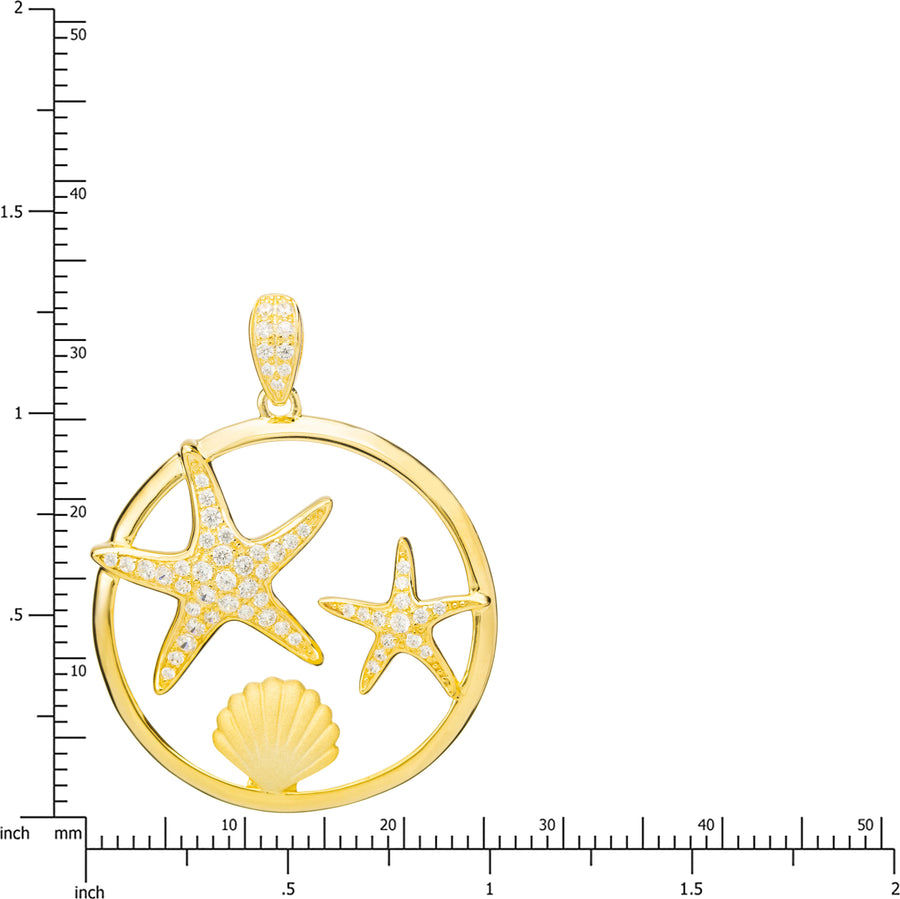 925 Sterling Silver 14K Gold Plated Pave CZ Starfish & Sunrise Shell Pendant (Yellow-Gold)