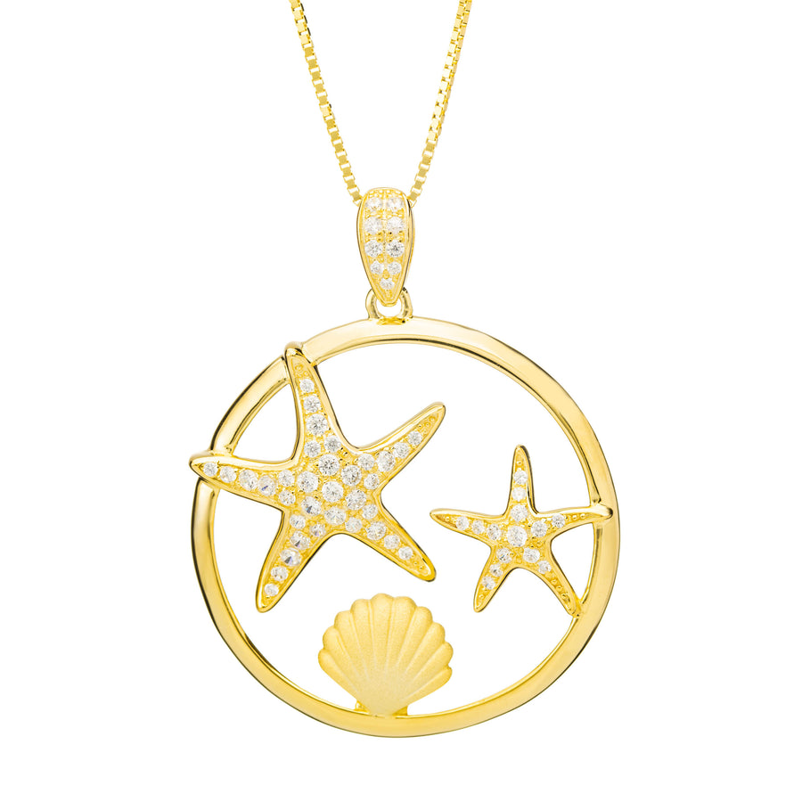 925 Sterling Silver 14K Gold Plated Pave CZ Starfish & Sunrise Shell Pendant (Yellow-Gold)