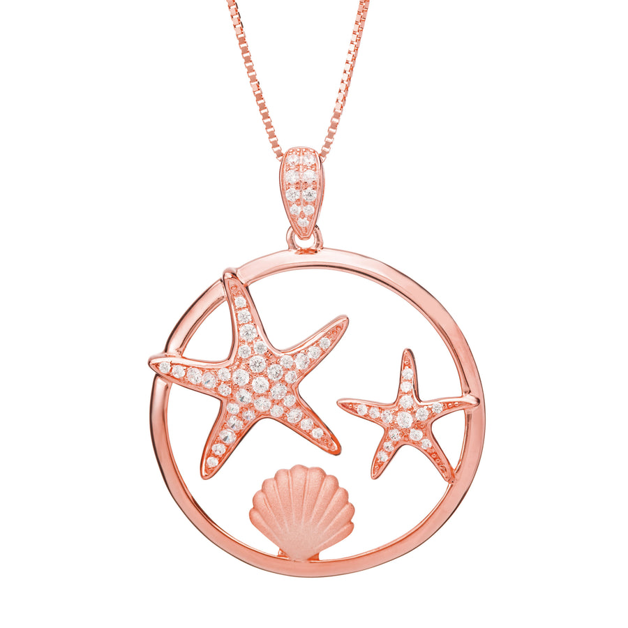 925 Sterling Silver 14K Gold Plated Pave CZ Starfish & Sunrise Shell Pendant (Rose-Gold)