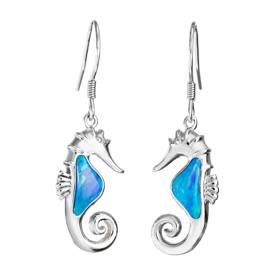 Sterling Silver Created Blue Opal Seahorse Dangle Earrings