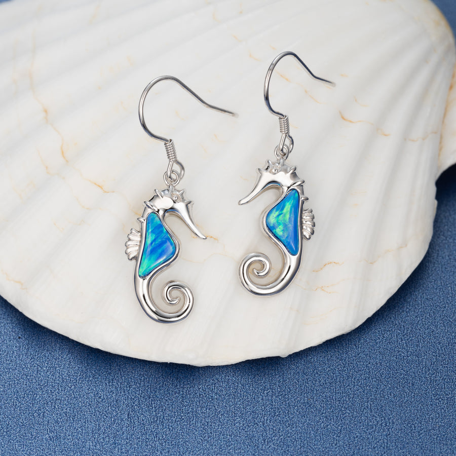 Sterling Silver Created Blue Opal Seahorse Dangle Earrings