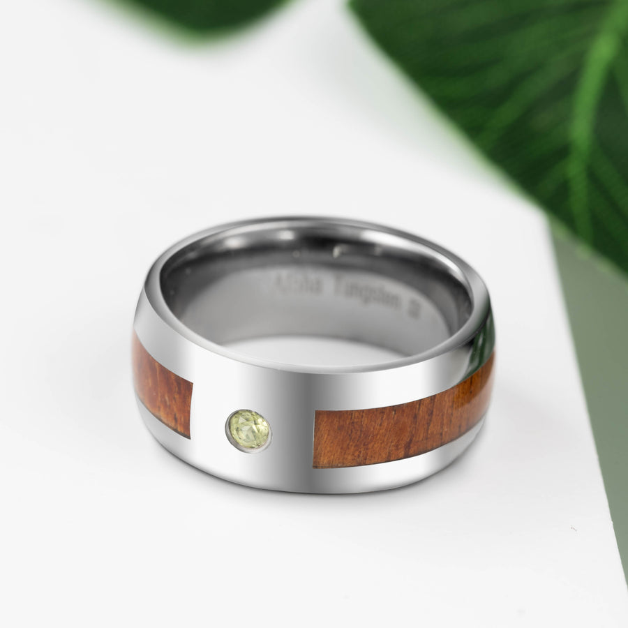 Tungsten Carbide Hawaiian Koa Wood with Peridot 8mm Comfort Fit Ring