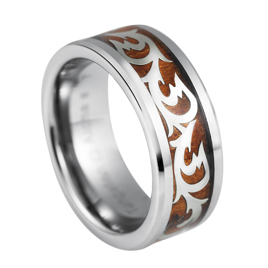 Tungsten Carbide Hawaiian Koa Wood Tribal 8mm Wedding Band