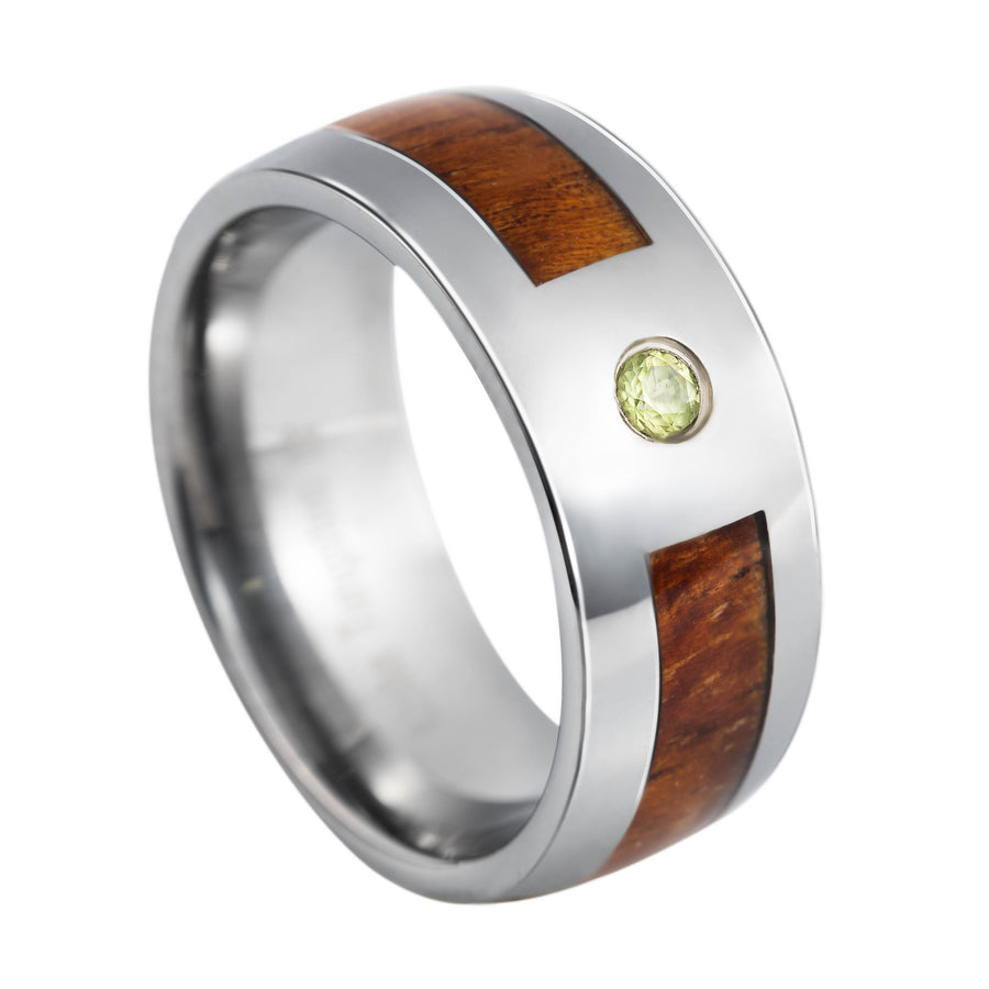 Tungsten Carbide Hawaiian Koa Wood with Peridot 8mm Comfort Fit Ring