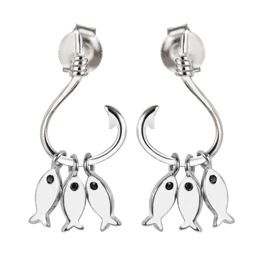 925 Sterling Silver 3 Fish on Hook Stud Earring