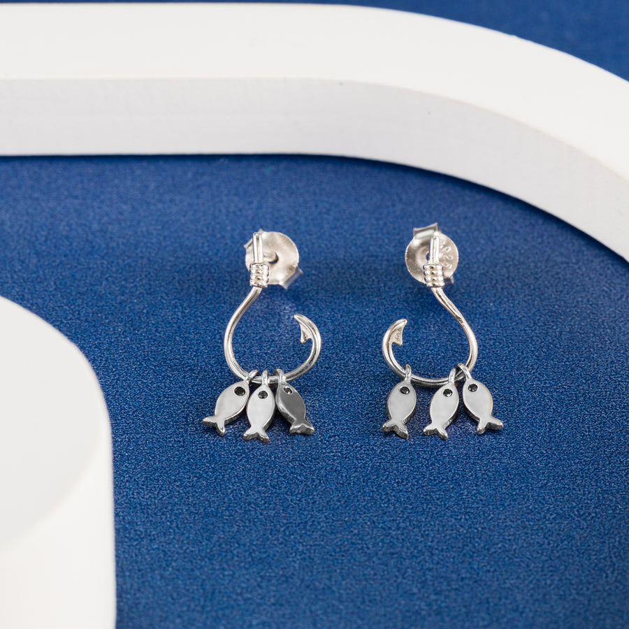 925 Sterling Silver 3 Fish on Hook Stud Earring