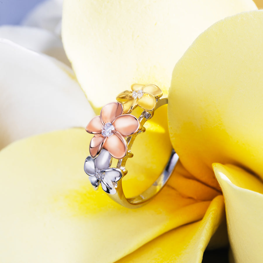 14K Gold Plated Tri-Color 925 Sterling Silver Cubic Zirconia Three Plumeria Flower Ring