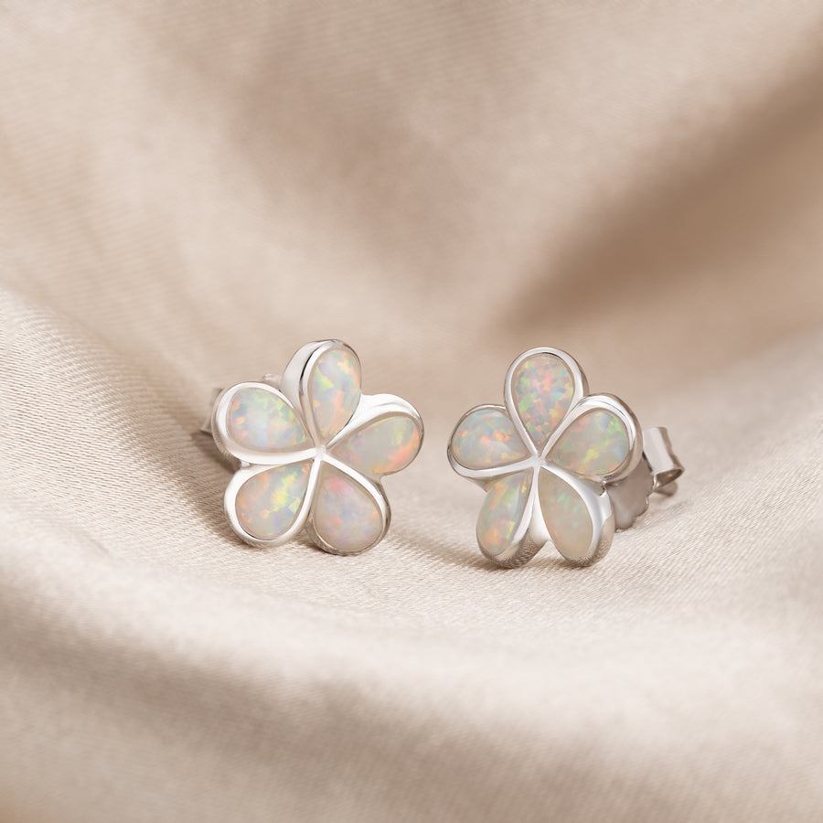 Sterling Silver Opal Plumeria Flower Stud Earrings