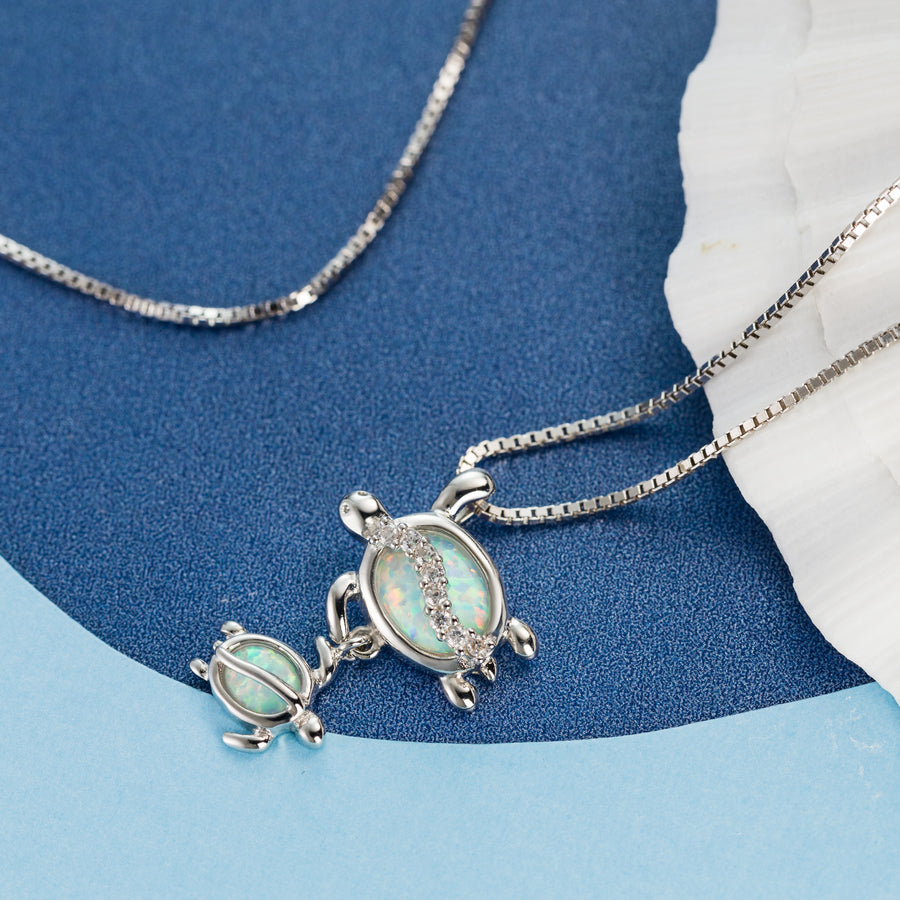 Sterling Silver Blue Opal Mother & Baby Turtle Necklace Pendant with Cubic Zirconia