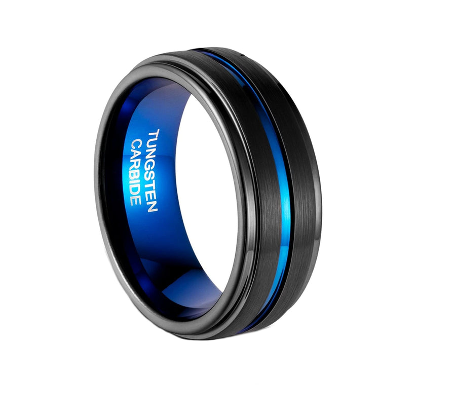 Black Tungsten Carbide Blue Line 8mm Comfort Fit Ring Wedding Band