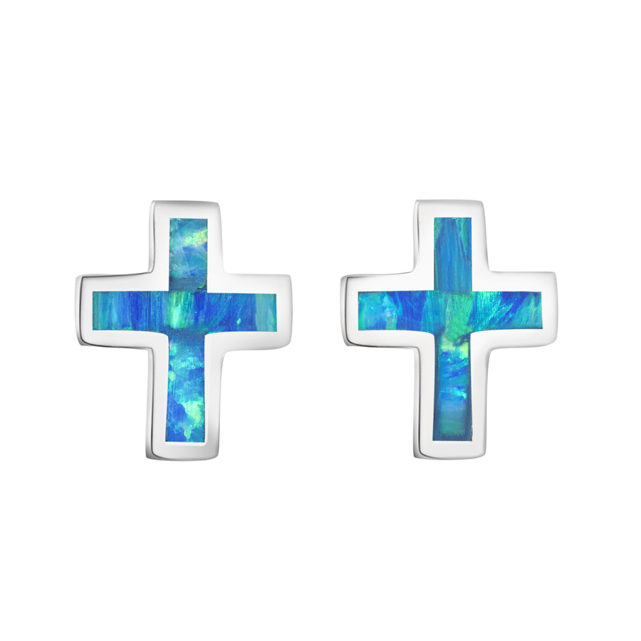 Sterling Silver Opal Cross Studs Earrings