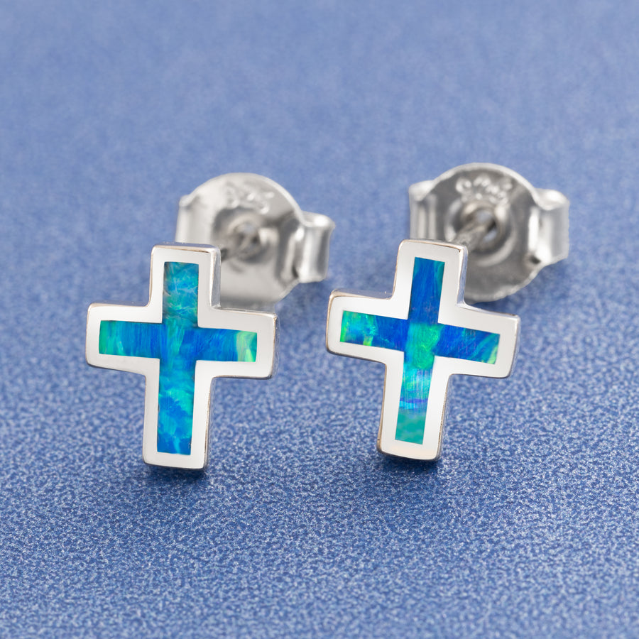 Sterling Silver Opal Cross Studs Earrings