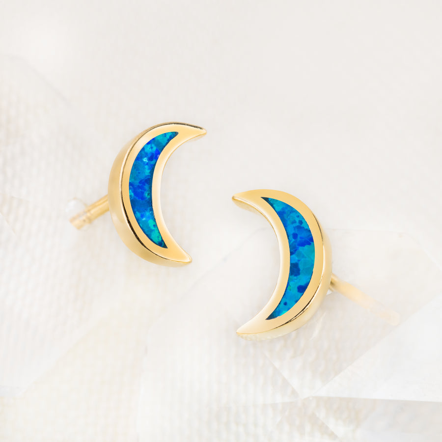 14K Gold Plated Sterling Silver Crescent Moon Stud Earrings (Yellow-Gold & Blue Opal)