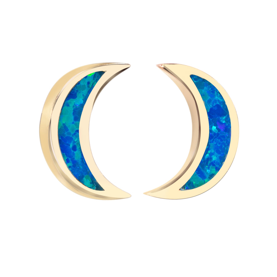 14K Gold Plated Sterling Silver Crescent Moon Stud Earrings (Yellow-Gold & Blue Opal)