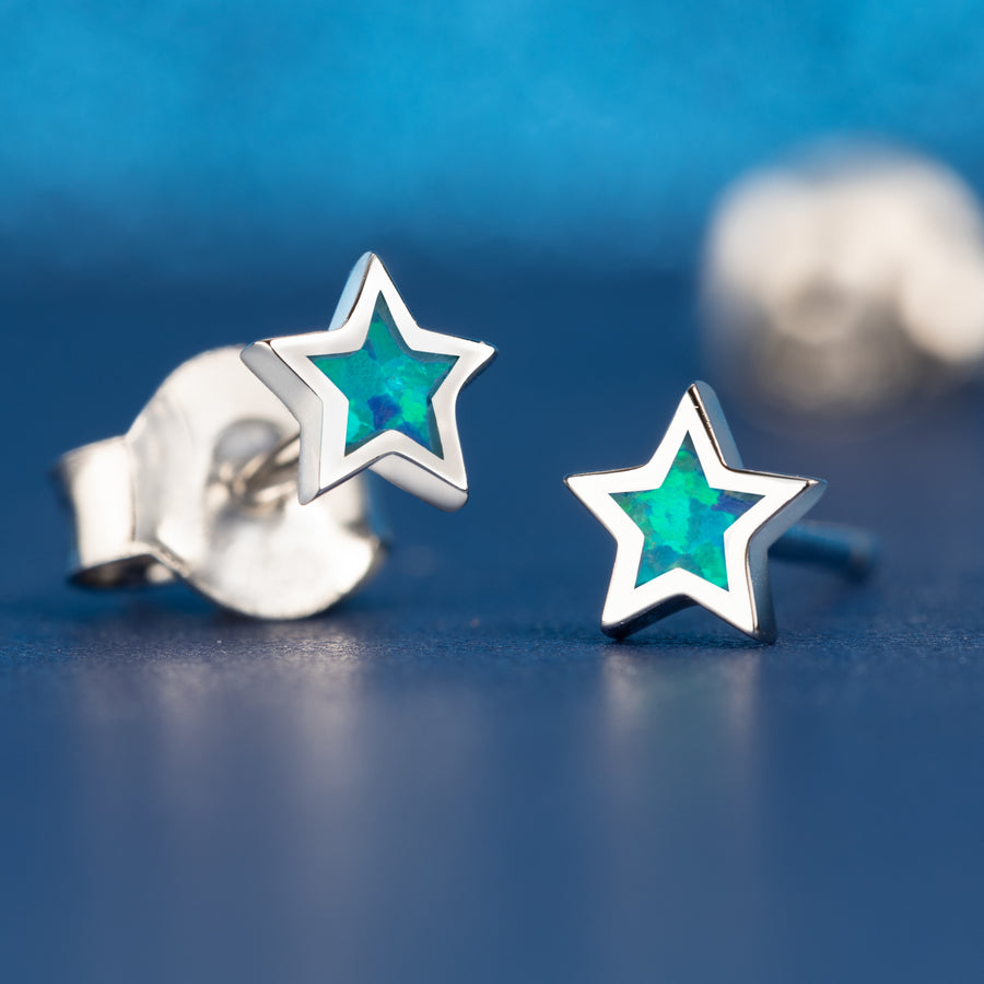 Sterling Silver Opal Star Stud Earrings